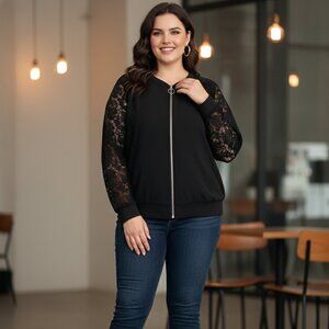 Lace Sleeve Zip Bomber Jacket Black 3X